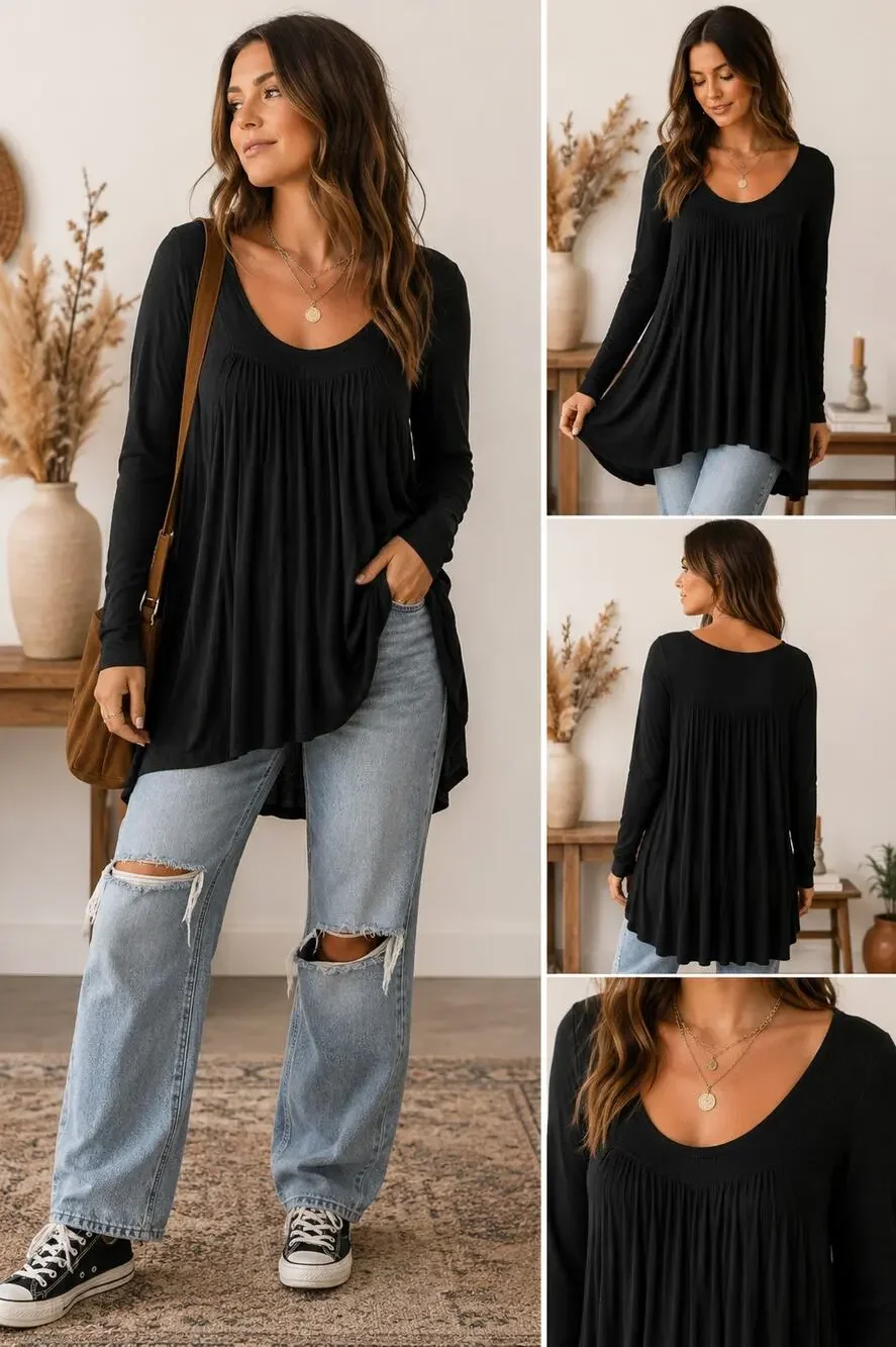 We The Free Black Long Sleeve Swing Tunic Top Ribbed Babydoll Size Large NWT